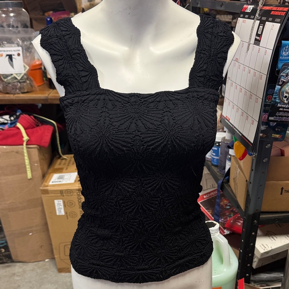 Classic Black Textured Square-Neck Tank - Women
